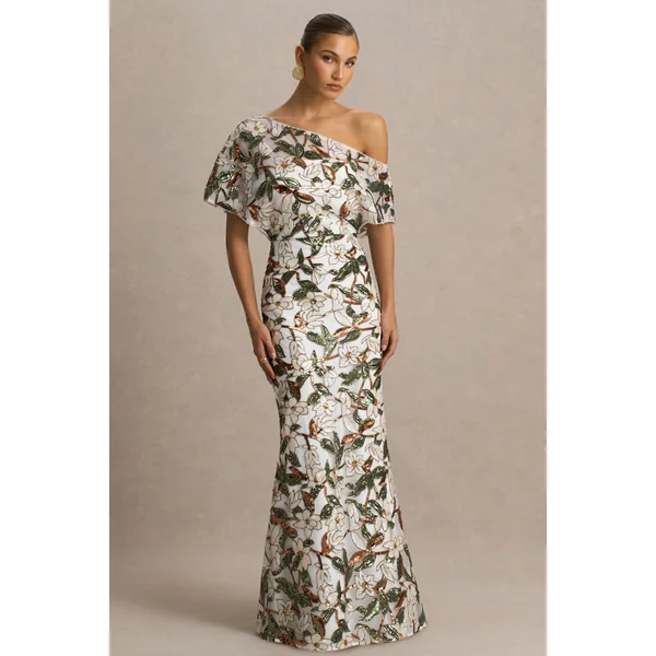 Iony | Robe longue blanche et verte asymétrique à encolure ornée de sequins en tulle et à motif floral