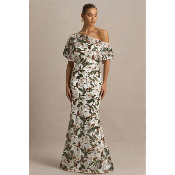 Iony | Robe longue blanche et verte asymétrique à encolure ornée de sequins en tulle et à motif floral