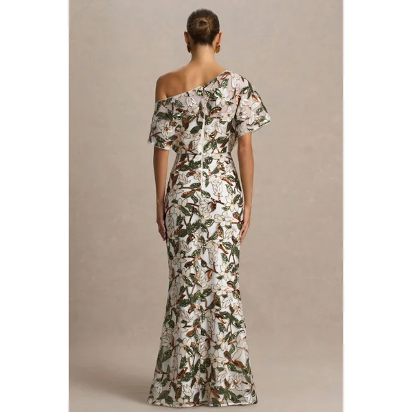 Iony | Robe longue blanche et verte asymétrique à encolure ornée de sequins en tulle et à motif floral