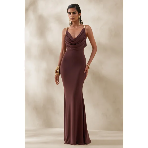 Iridessa | Robe longue brune à décolleté plongeant