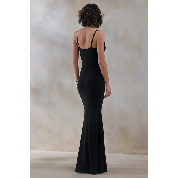 Iridessa | Robe longue noire à décolleté plongeant