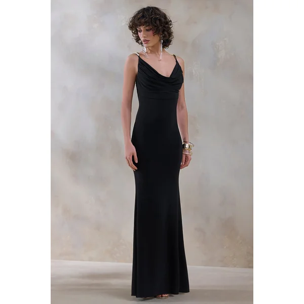 Iridessa | Robe longue noire à décolleté plongeant
