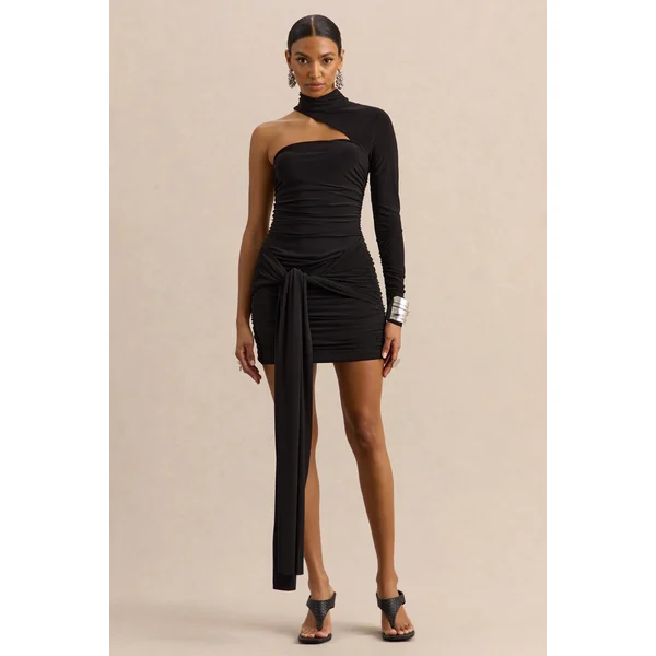 Irissia | Mini-robe noire à encolure asymétrique avec détail noué et ceinture