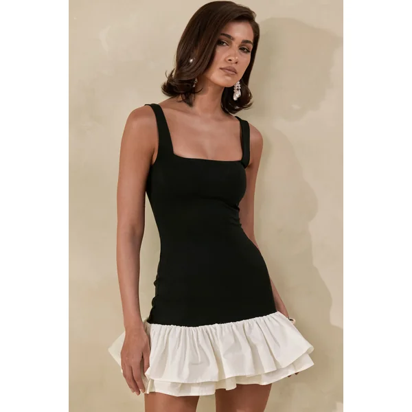 Isaline | Mini-robe noire et blanche à encolure carrée et ourlet volanté