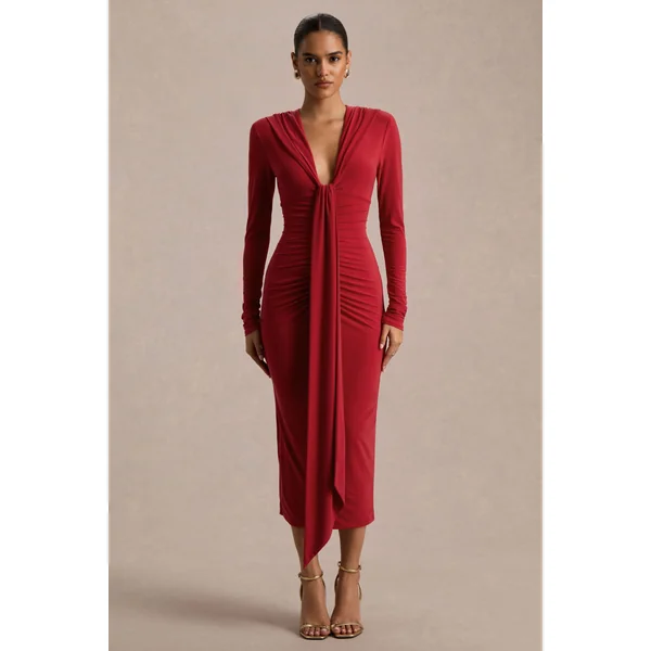 Ivara | Robe rouge à encolure plongeante avec fronces et ceinture