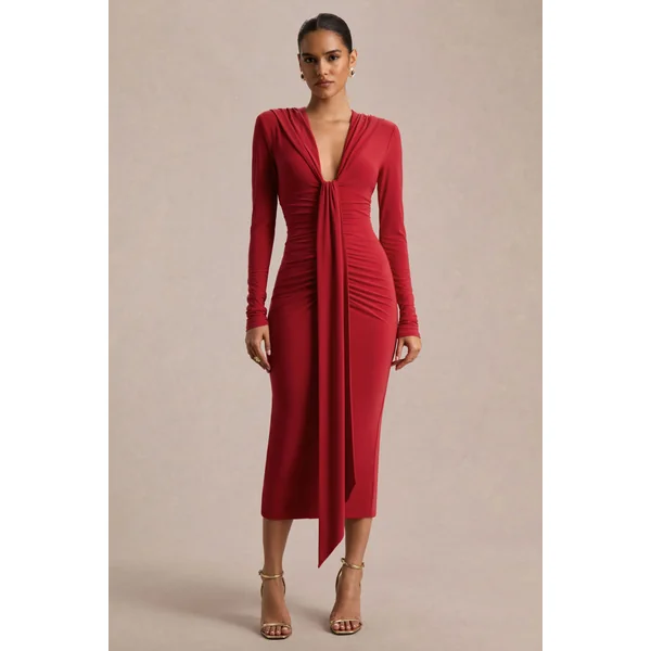 Ivara | Robe rouge à encolure plongeante avec fronces et ceinture