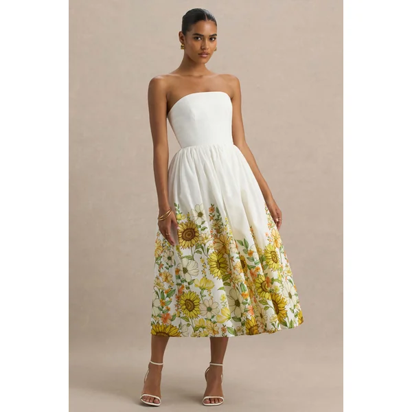 Ivory | Robe mi-longue bustier à imprimé tournesol ourlet asymétrique