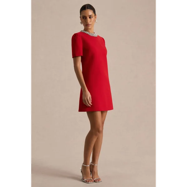 Jackie | Robe Mini Rouge à Encolure Haute Ornée de Strass