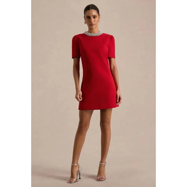 Jackie | Robe Mini Rouge à Encolure Haute Ornée de Strass