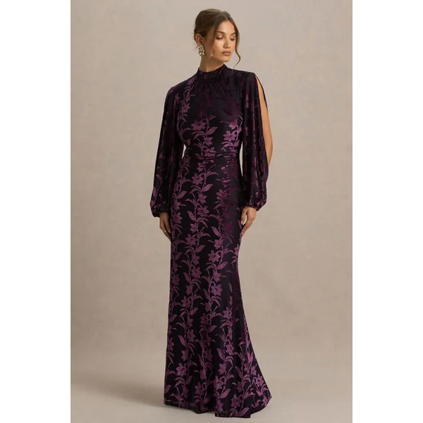 Janet | Robe longue devoré noir et bordeaux, col montant et découpes