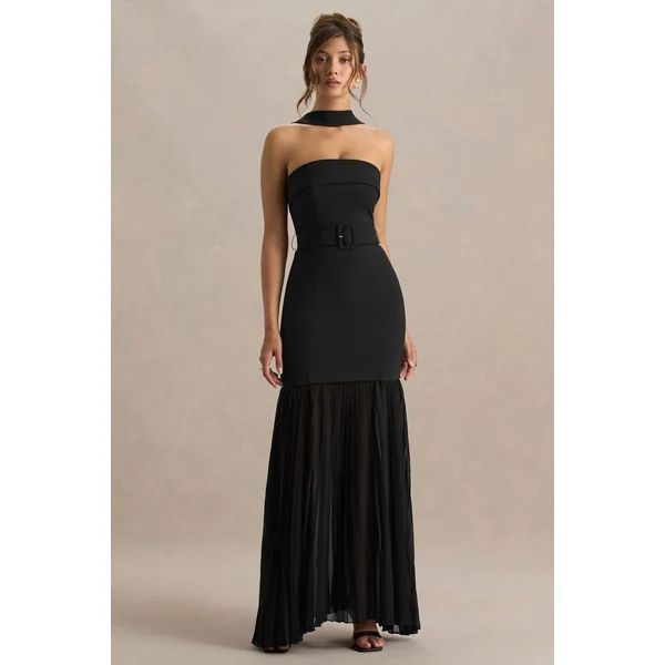 Jaquetta | Robe longue noire ceinturée avec jupe plissée en chiffon