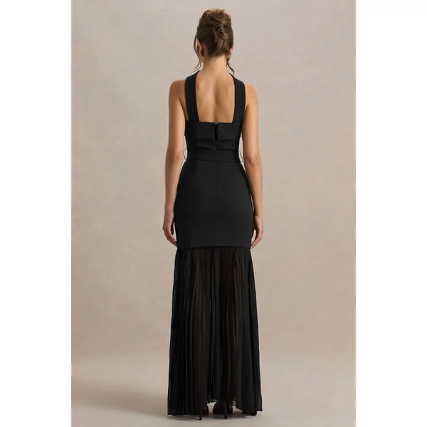 Jaquetta | Robe longue noire ceinturée avec jupe plissée en chiffon
