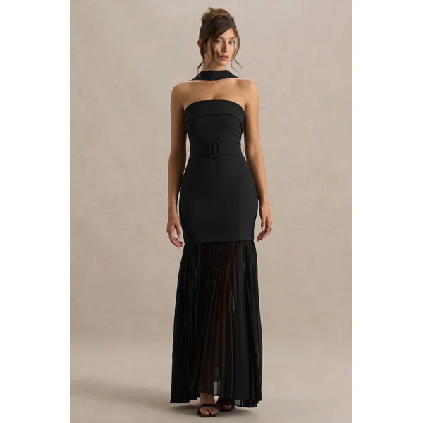 Jaquetta | Robe longue noire ceinturée avec jupe plissée en chiffon