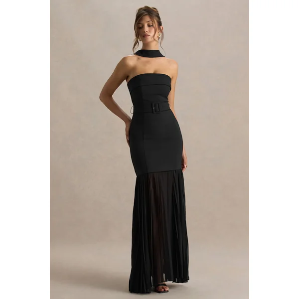 Jaquetta | Robe longue noire ceinturée avec jupe plissée en chiffon