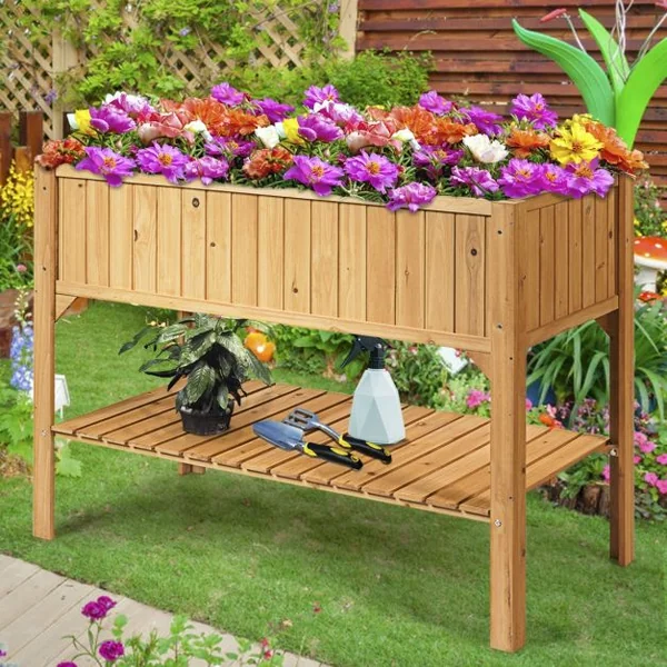 Jardinière Bac à Fleurs Lit de Jardin sur Pied avec 1 Étagère Trous de Drainage en Bois de Sapin, 119x57x90cm, Naturel