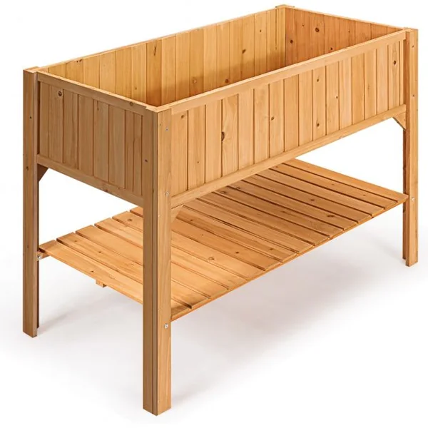 Jardinière Bac à Fleurs Lit de Jardin sur Pied avec 1 Étagère Trous de Drainage en Bois de Sapin, 119x57x90cm, Naturel