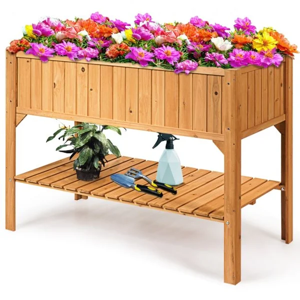 Jardinière Bac à Fleurs Lit de Jardin sur Pied avec 1 Étagère Trous de Drainage en Bois de Sapin, 119x57x90cm, Naturel