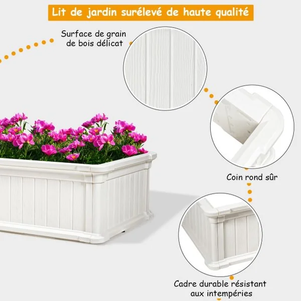 Jardinière en Plastique Bac à Plantes Rectangulaire pour Légumes et Fleurs 122 x 60 x 30 cm Blanc