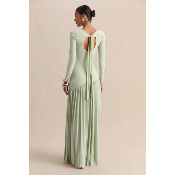 Jasira | Robe longue menthe à encolure ronde avec taille basse asymétrique
