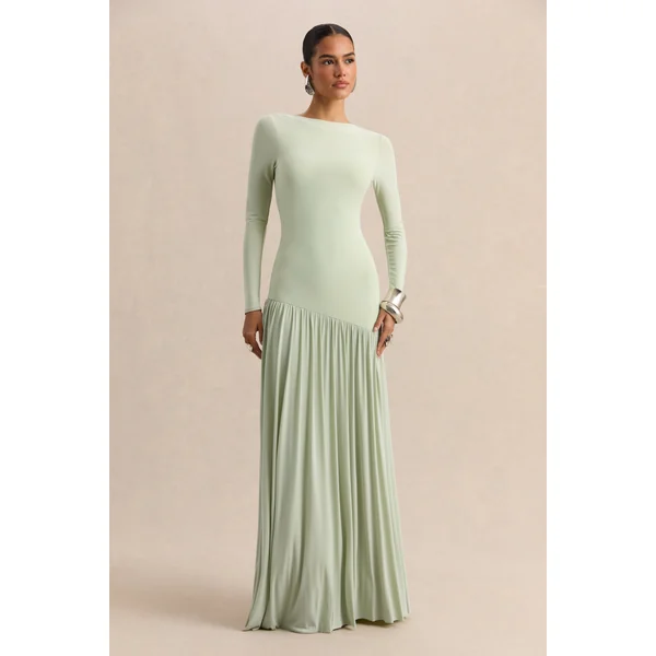 Jasira | Robe longue menthe à encolure ronde avec taille basse asymétrique