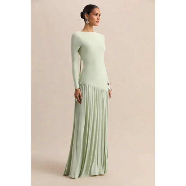 Jasira | Robe longue menthe à encolure ronde avec taille basse asymétrique