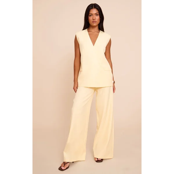 Jaune Beurre Ensemble Coordonné Gilet Sans Col Tissé Surdimensionné À Épaulettes
