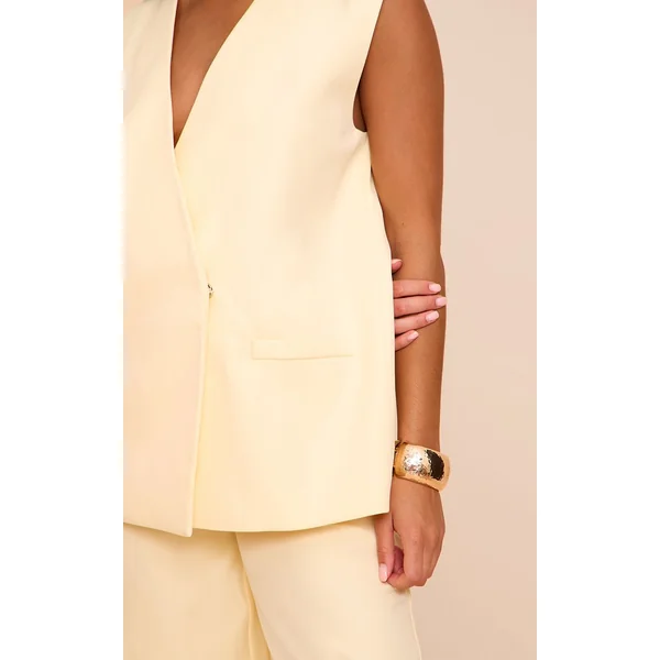 Jaune Beurre Ensemble Coordonné Gilet Sans Col Tissé Surdimensionné À Épaulettes