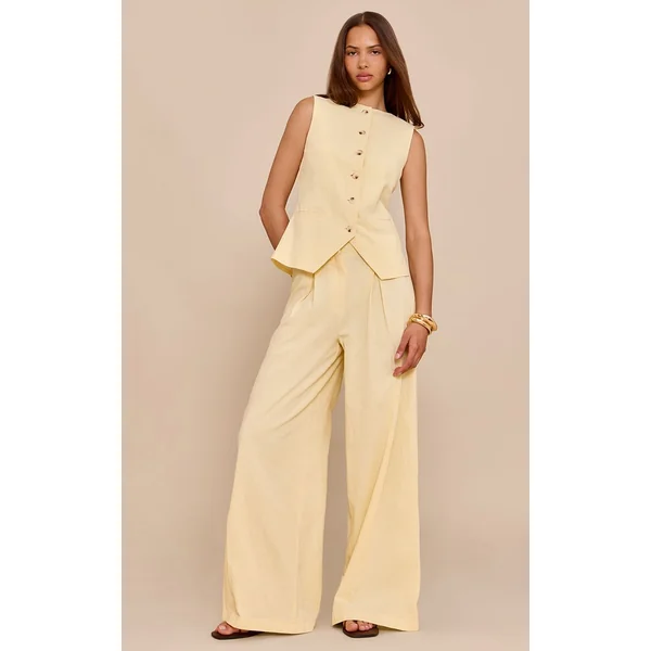 Jaune Beurre Gilet Tailleur Aspect Lin