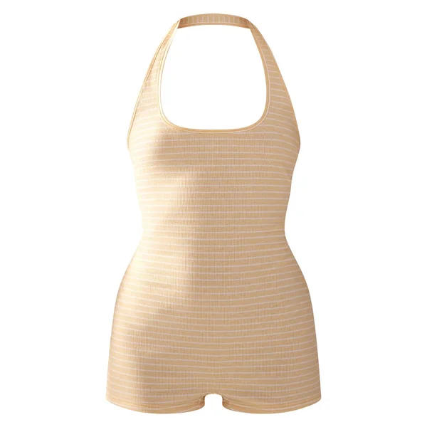 Jaune Citron Combinaison-short Moulante À Rayures Tennis Col Licou En Jersey
