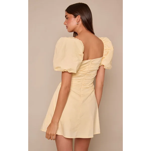 Jaune Citron Robe Courte Tissée Encolure Droite Manches Bouffantes