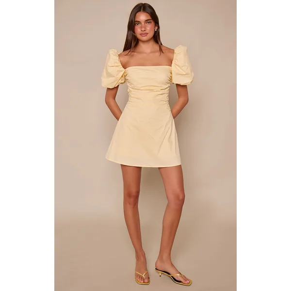 Jaune Citron Robe Courte Tissée Encolure Droite Manches Bouffantes