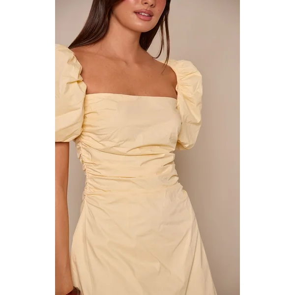 Jaune Citron Robe Courte Tissée Encolure Droite Manches Bouffantes