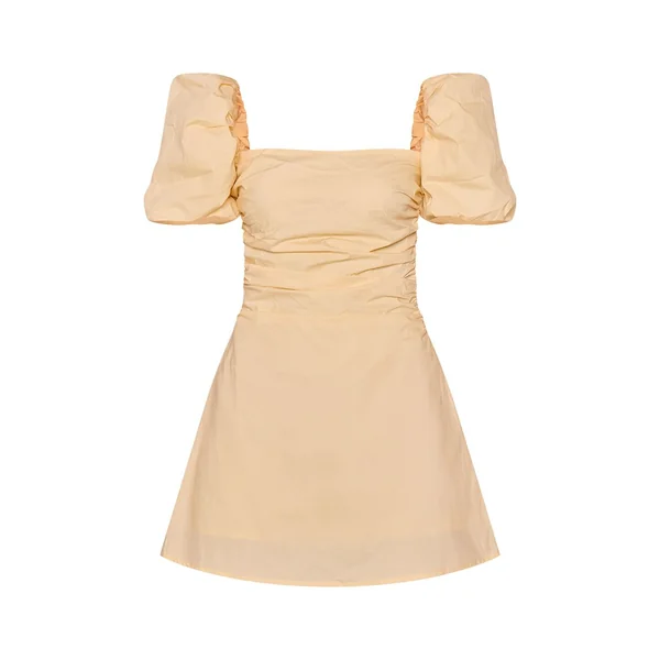 Jaune Citron Robe Courte Tissée Encolure Droite Manches Bouffantes
