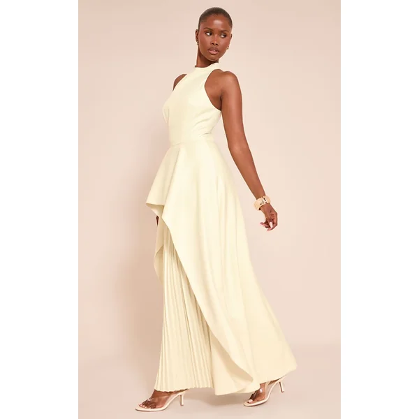 Jaune Citron Robe Longue Tissée Dos Nu À Encolure Américaine Avec Sous-jupe Plissée