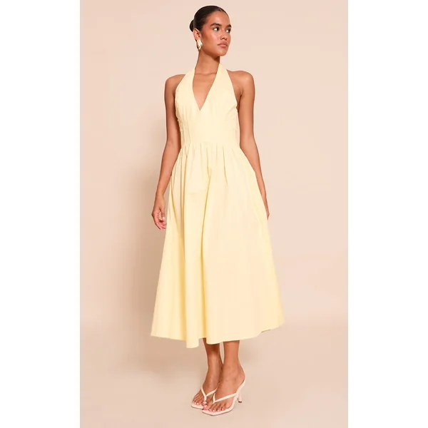 Jaune Citron Robe Midaxi Sans Manches Tissée À Col Licou