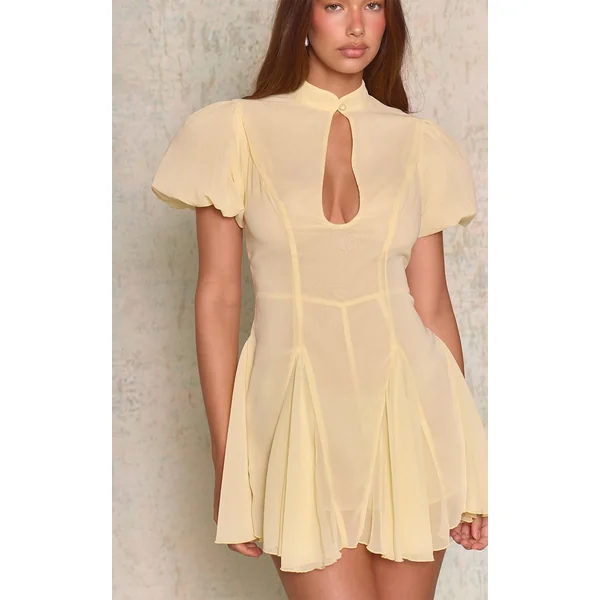 Jaune Combi-short Citron En Mousseline À Manches Bouffantes