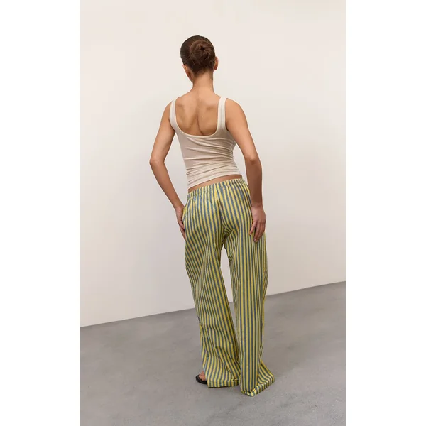 Jaune Pantalon À Rayures En Mélange Coton Lin Avec Cordon De Serrage À La Taille