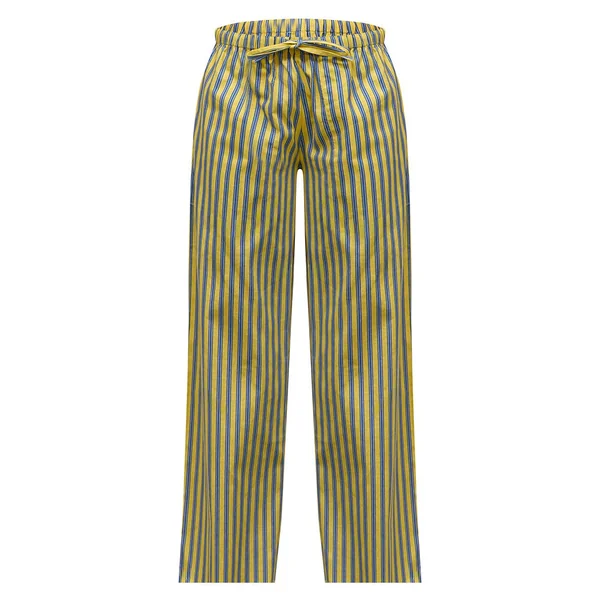 Jaune Pantalon À Rayures En Mélange Coton Lin Avec Cordon De Serrage À La Taille
