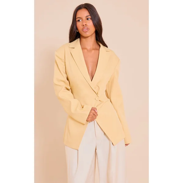 Jaune Pâle Blazer Tailleur Boxy Croisé Devant Petite
