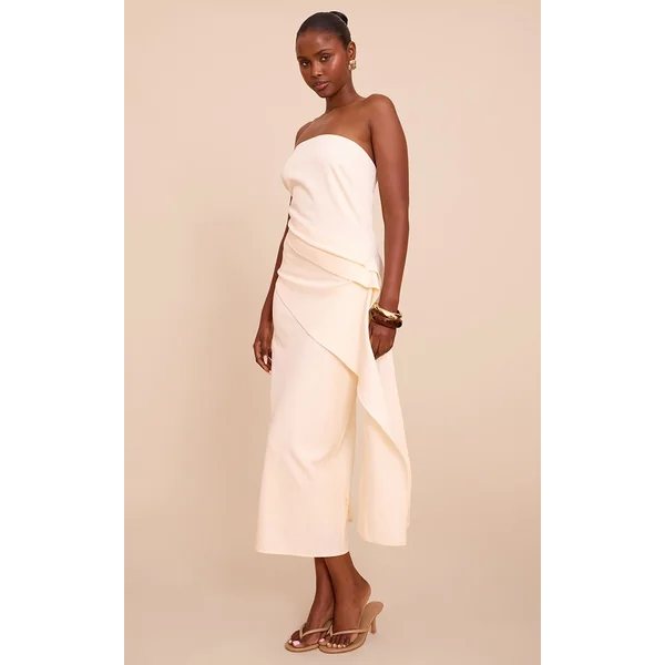 Jaune Pâle Robe Drapée Froncée En Tissu Tissé Crème Beurre