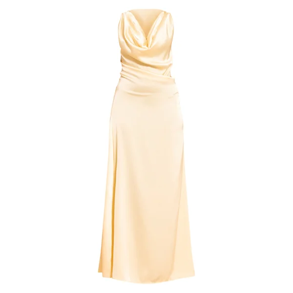 Jaune Robe Longue En Satin À Col Bénitier Extrême