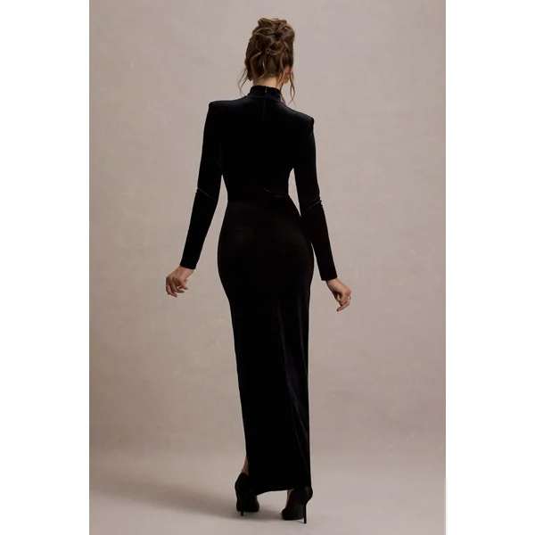 Jaz | Robe Longue Fendue à Col Haut Froncée en Velours Noir