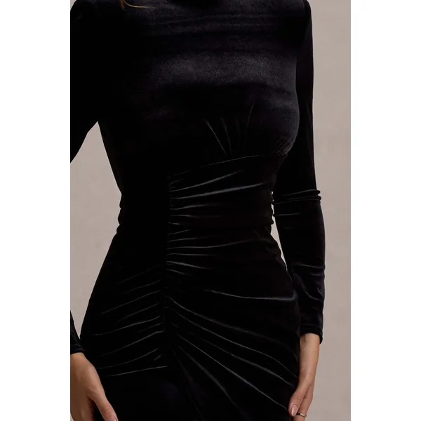 Jaz | Robe Longue Fendue à Col Haut Froncée en Velours Noir