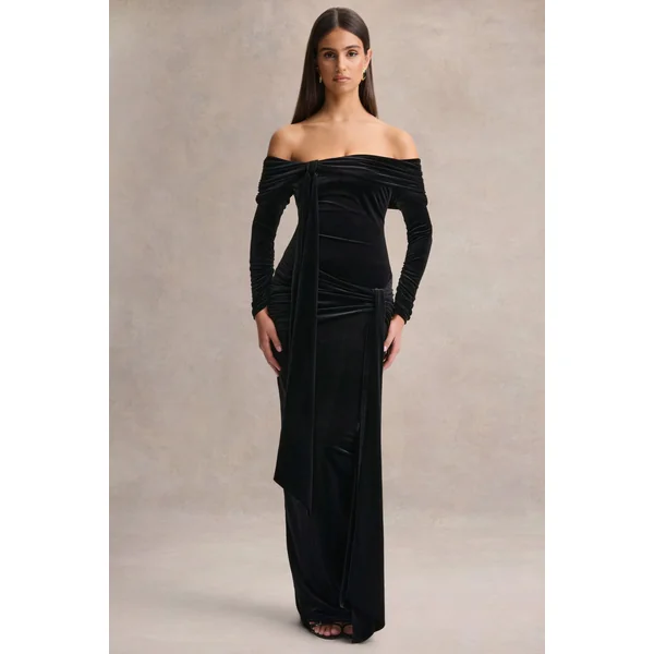 Jessara | Robe longue noire à encolure Bardot et détails noués
