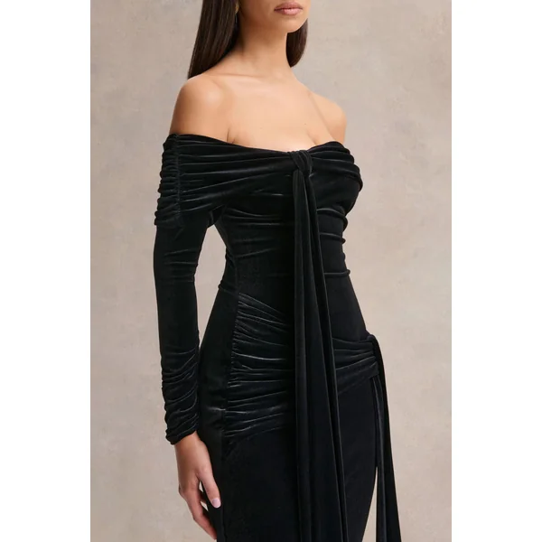 Jessara | Robe longue noire à encolure Bardot et détails noués