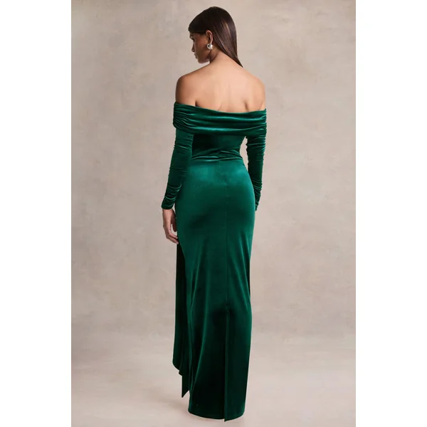 Jessara | Robe longue vert bouteille à encolure bardot avec détails noués
