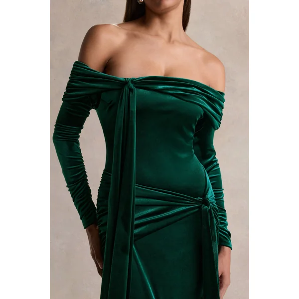Jessara | Robe longue vert bouteille à encolure bardot avec détails noués