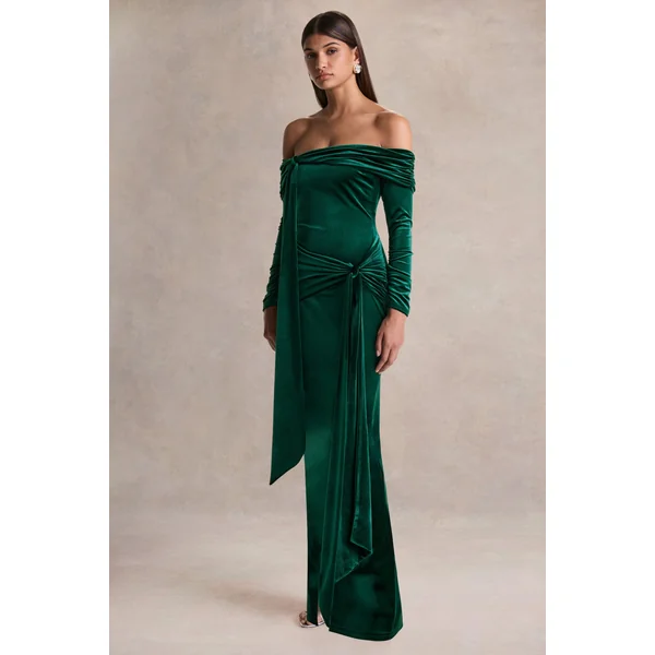 Jessara | Robe longue vert bouteille à encolure bardot avec détails noués