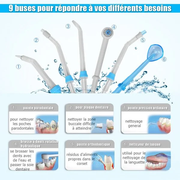 Jet Dentaire Professionnel Machine à Laver les Dents Multifonction 9 Buses Différentes en ABS, 14x12,5x20cm, Blanc/bleu