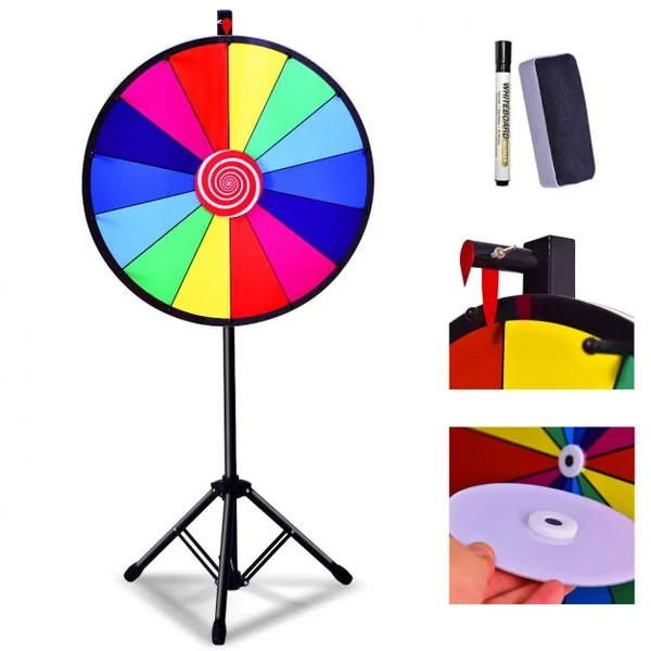 Jeu de Roue de la fortune avec trépied 24 pouces (φ 60cm) personnalisable jeux de société avec stylo effaçable, 2 pointeurs